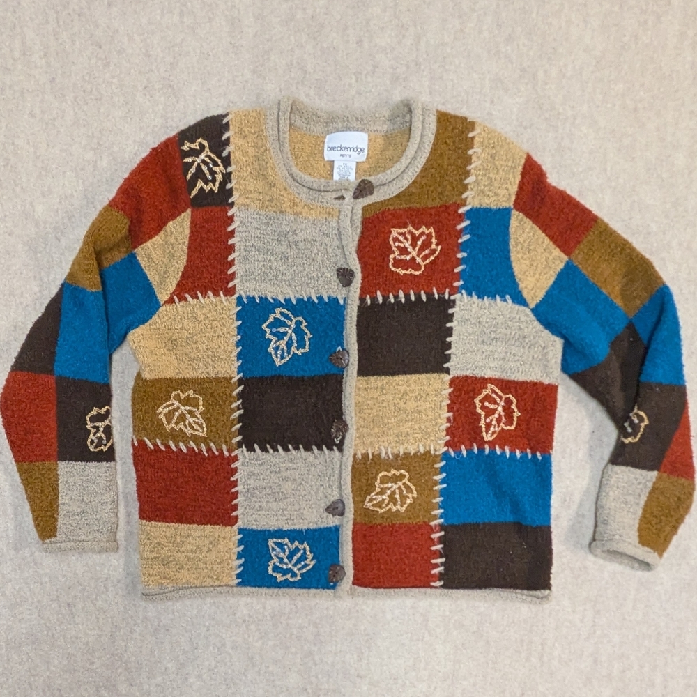 Vintage Patchwork Button Cardigan Beaded Leaf Embroidery Fall Colors Autumn PM
